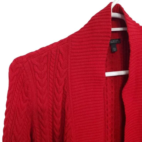 Talbots Petite Sz 1X Cardigan Cable Knit Open Front Lambswool Blend Sweater Cozy - Picture 5 of 11